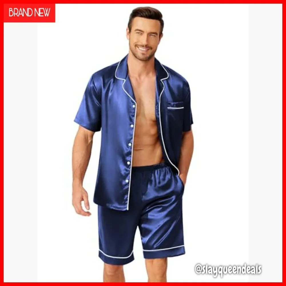 Men's Silk Satin Pajama Set Short Sleeve Button Down with Pockets